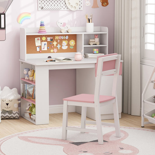 Kids Desk and Chair Set with Hutch and 3-Layer Side Shelf