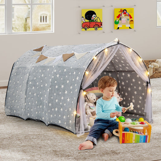 Kids Dream Bed Tent Twin Bunk Bed with Glow in the Dark Stars and Lights-Gray - Tampa Home & Garden Store