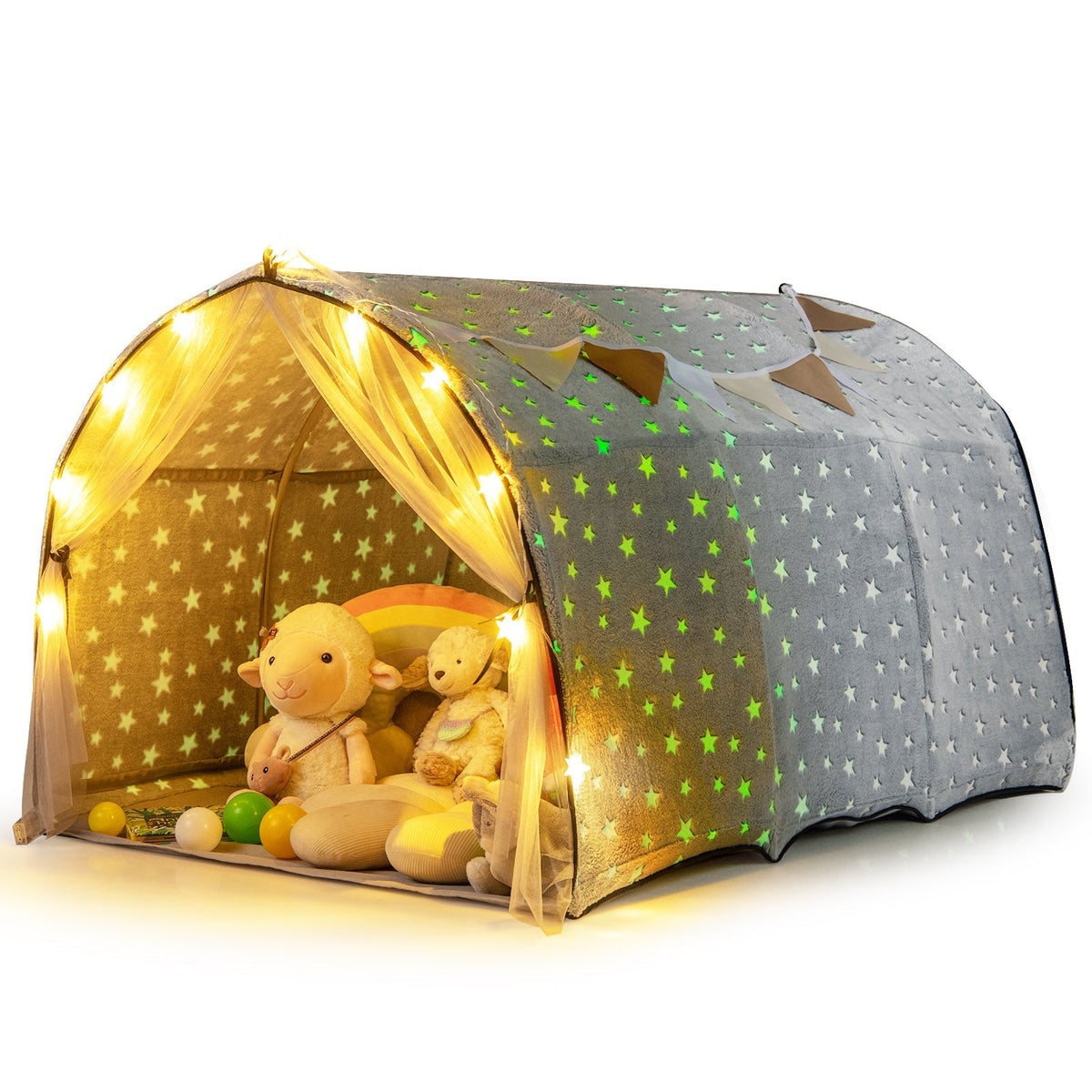 GemGear Kids Dream Bed Tent Twin Bunk Bed gray canopy with glow stars and warm lights on Tampa Home & Garden Store