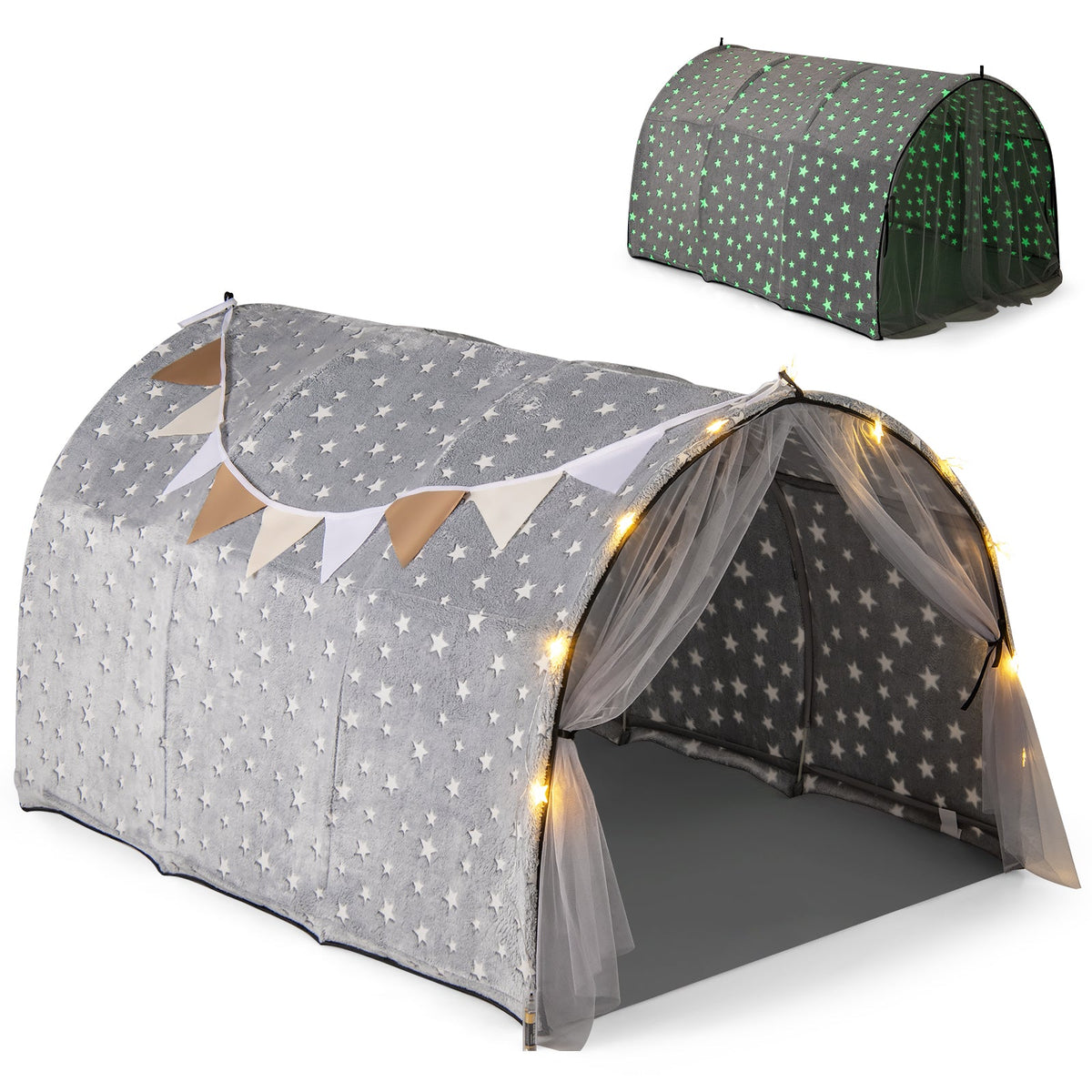 Kids Dream Bed Tent Twin Bunk Bed gray canopy with glow stars and lights by GemGear 2-pack on Tampa Home & Garden Store