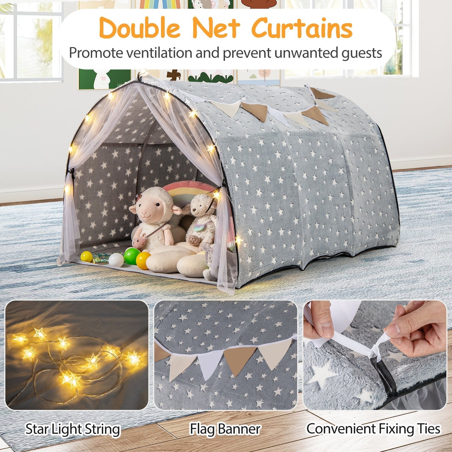 Kids Dream Bed Tent gray star print twin bunk bed by GemGear with glow-in-the-dark stars on Tampa Home & Garden Store