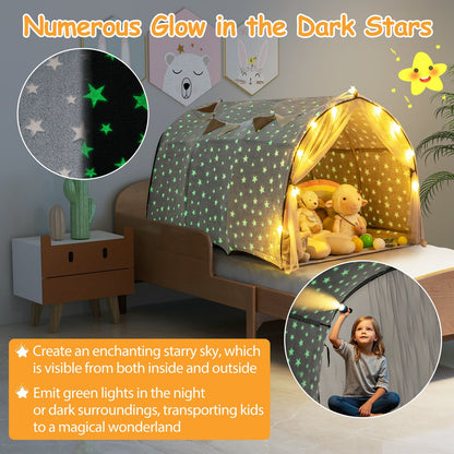 Kids Dream Bed Tent GemGear for Twin Bunk Bed gray with glow in the dark stars and lights on Tampa Home & Garden Store