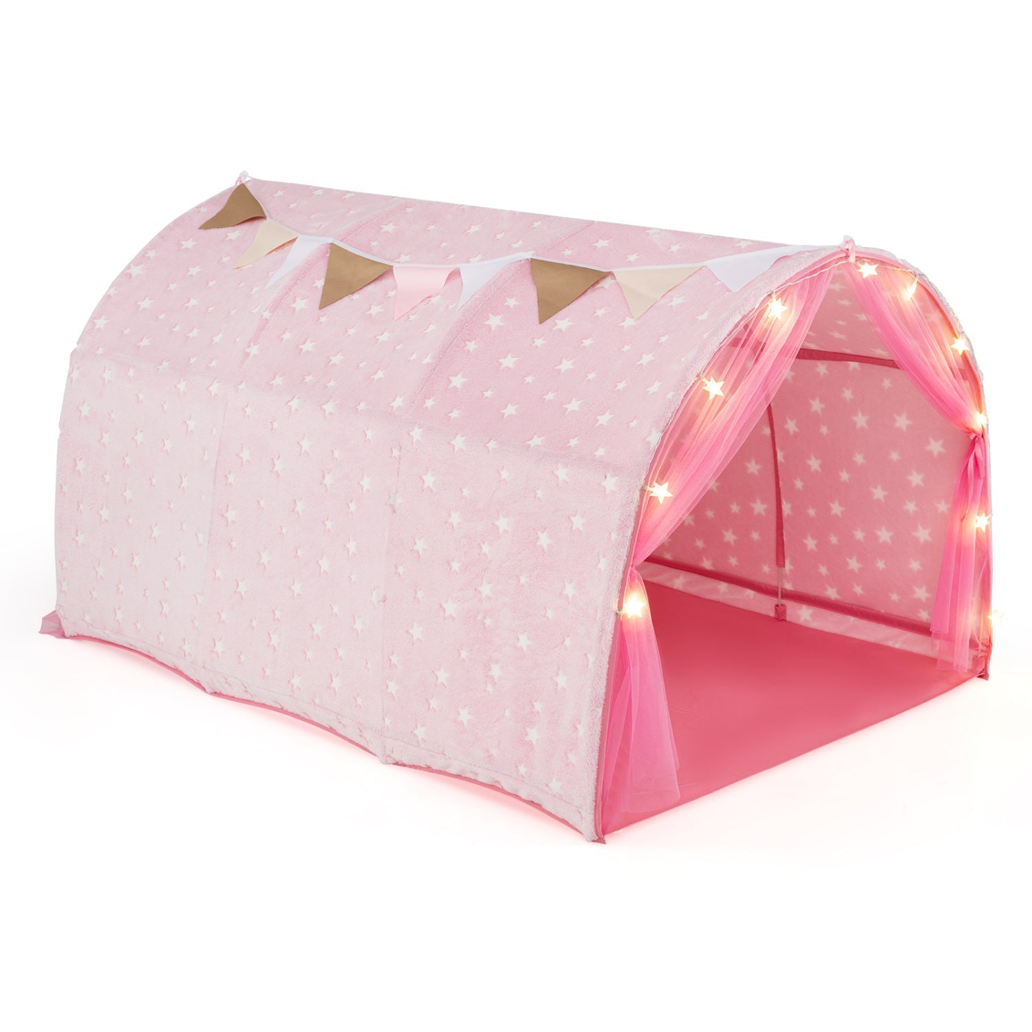 Kids Dream Bed Tent GemGear pink star fabric with glow-in-the-dark lights and bunting on Tampa Home & Garden Store