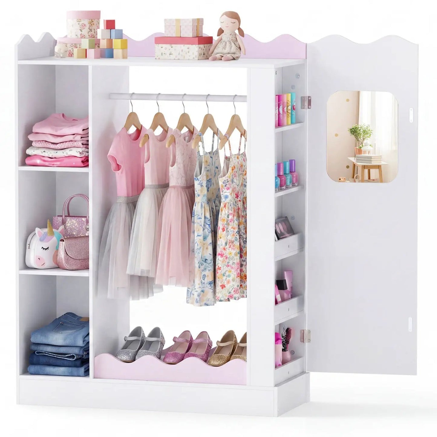 Kids Dress Up Storage With Mirror and Rack Pink