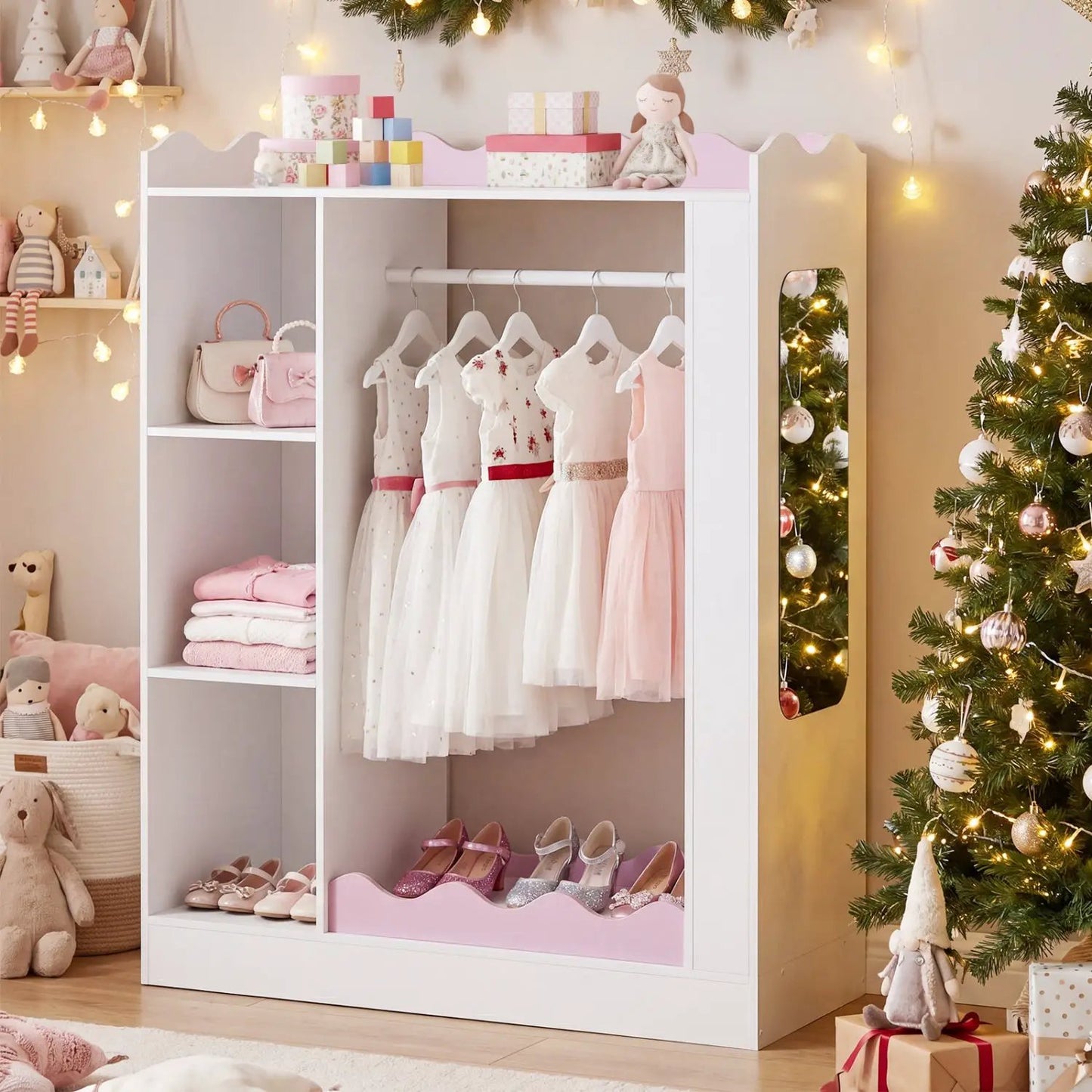Kids Dress Up Storage With Mirror and Rack Pink