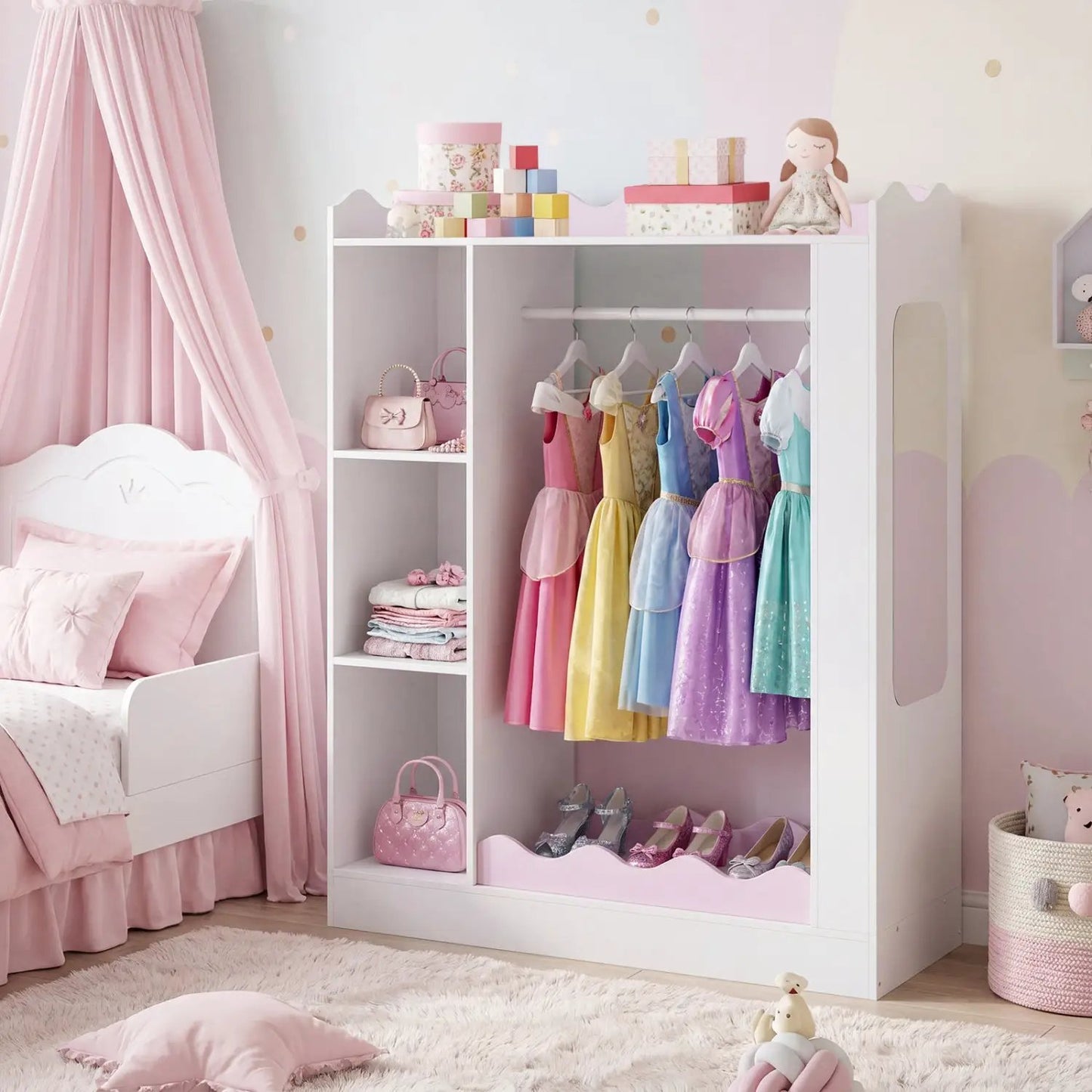 Kids Dress Up Storage With Mirror and Rack Pink