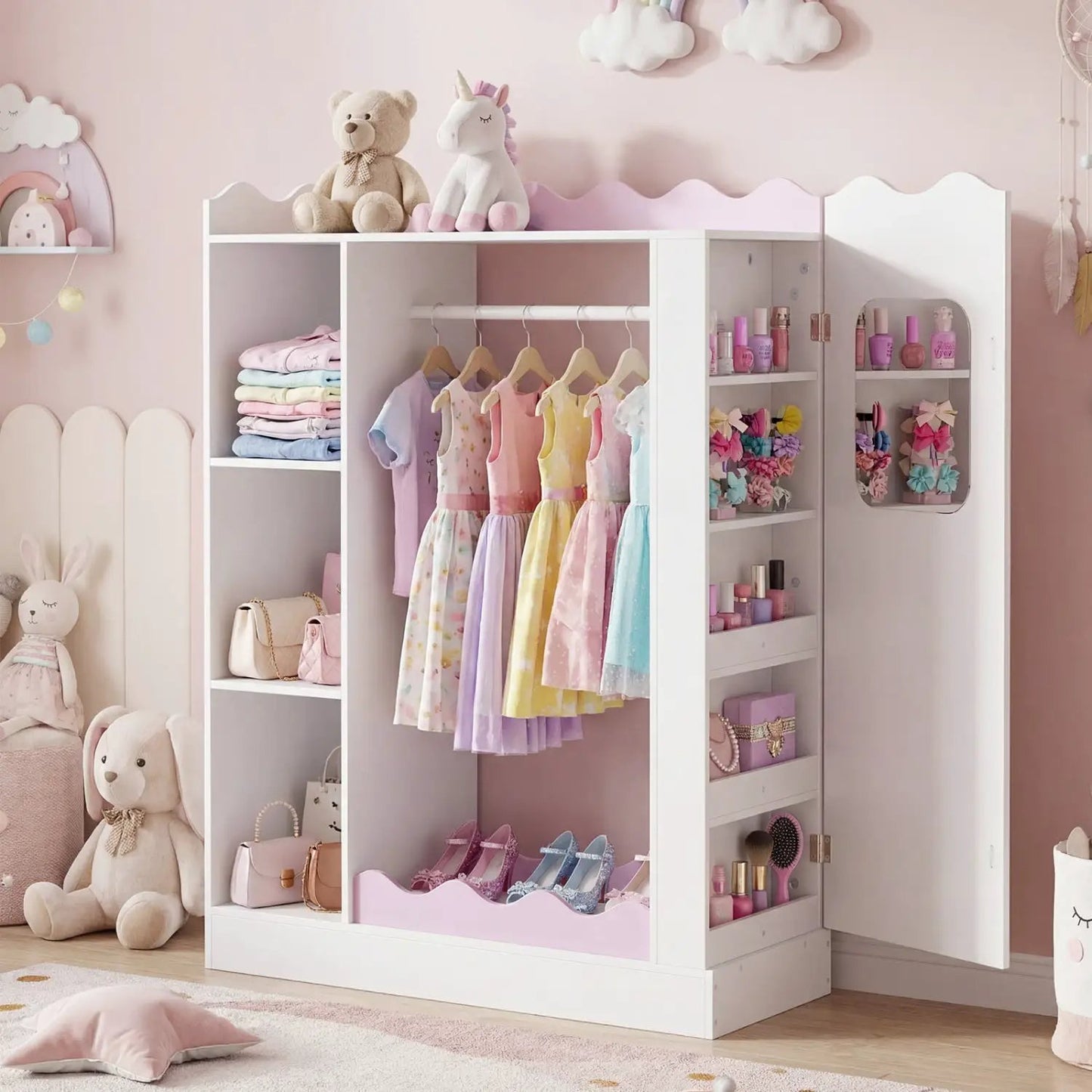 Kids Dress Up Storage With Mirror and Rack Pink