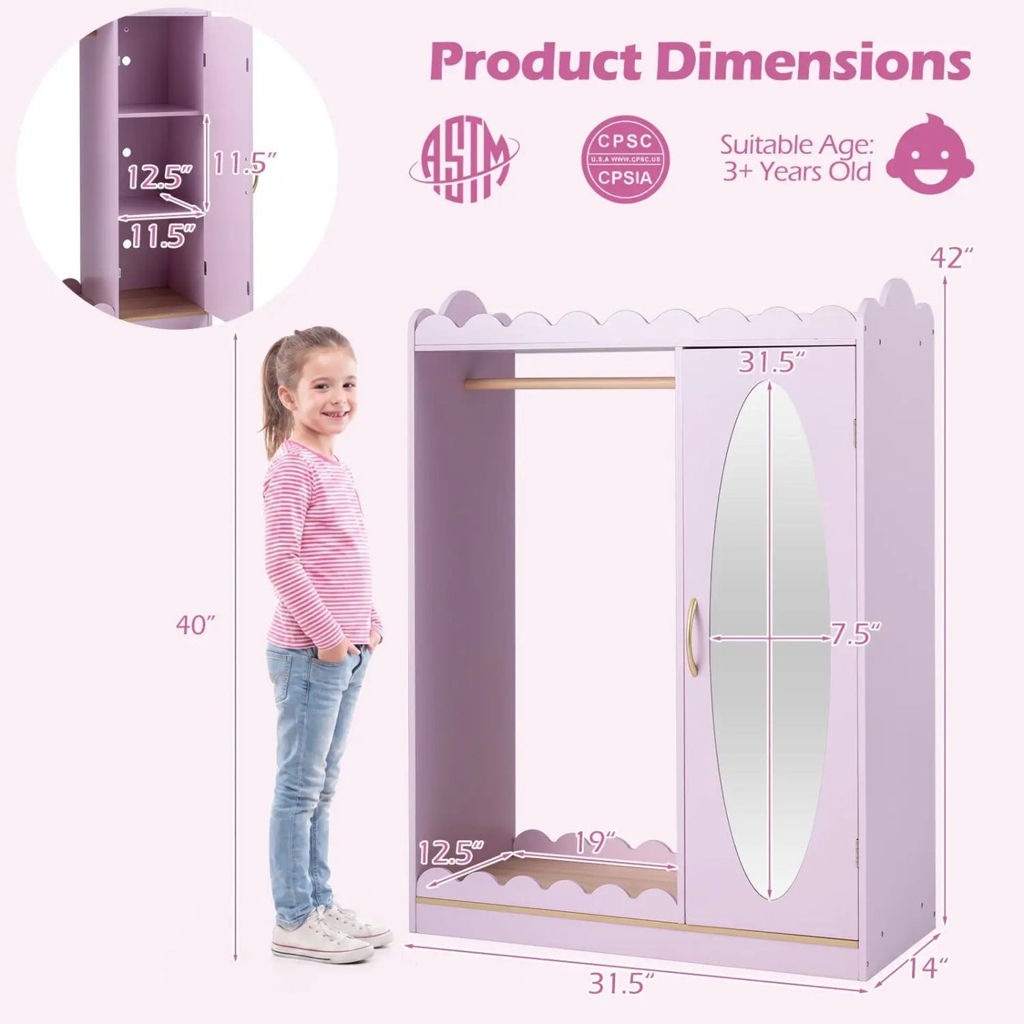 Kids Dress Up Cabinet With Mirror Pink Storage
