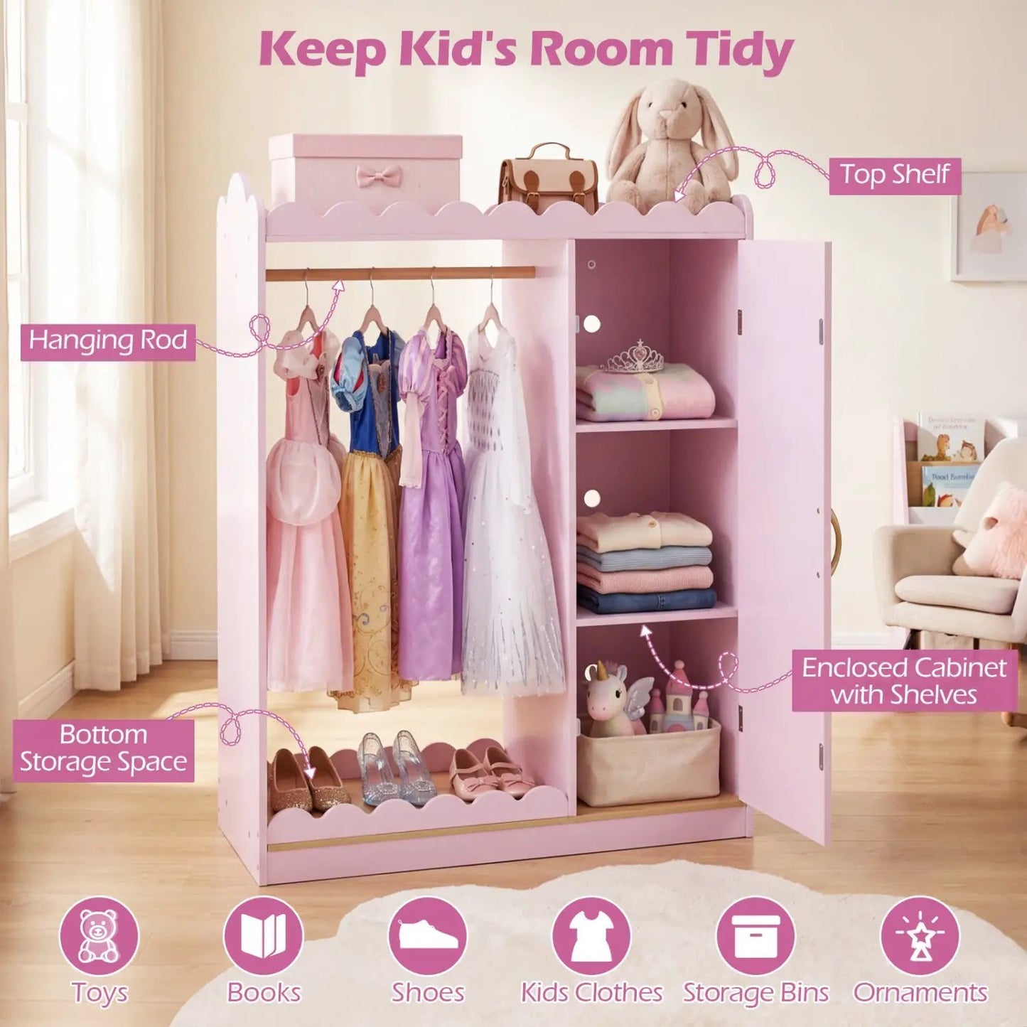 Kids Dress Up Cabinet With Mirror Pink Storage