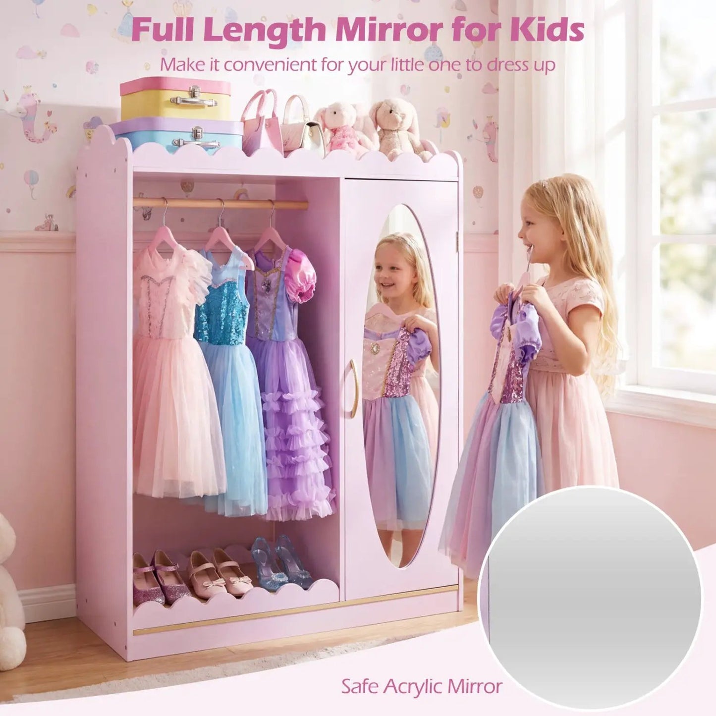 Kids Dress Up Cabinet With Mirror Pink Storage