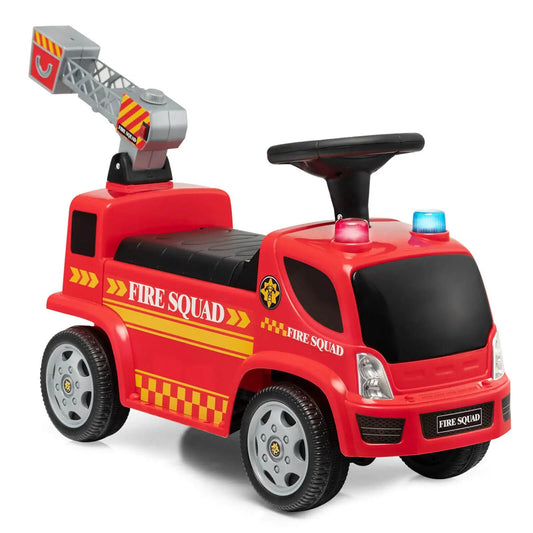 Kids push ride-on fire truck with ladder, red plastic toy with emergency lights on Tampa Home & Garden Store