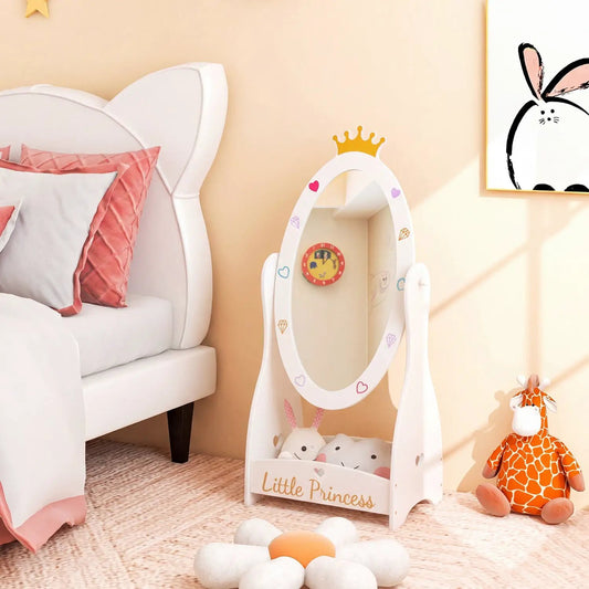 Kids Full-Length Mirror with rotatable design and shelf, white frame with crown topper on Tampa Home & Garden Store