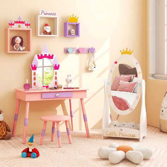 DirectDeals Kids full-length castle mirror with rotatable design and shelf in pastel pink on Tampa Home & Garden Store