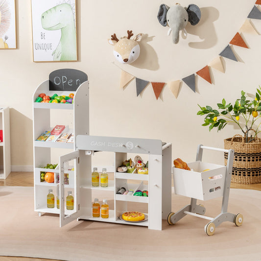 Kids Grocery Store Playset Convertible Wooden Play Store with Shopping Cart-White - Tampa Home & Garden Store