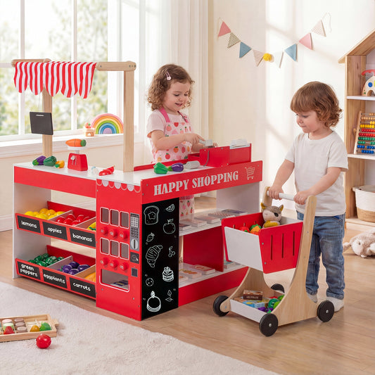 Kids Grocery Store Playset Wooden Pretend Play Supermarket with Shopping Cart - Tampa Home & Garden Store