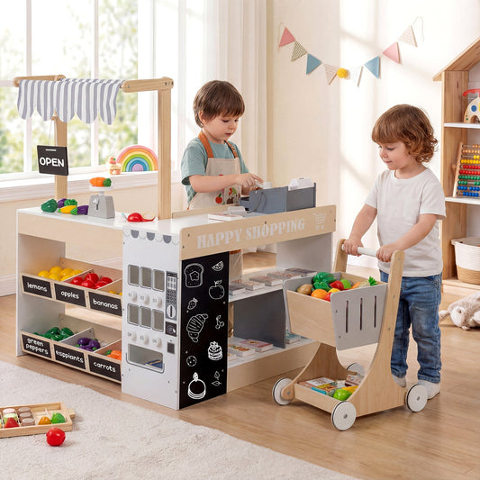 Kids Grocery Store Playset Wooden Pretend Play Supermarket with Shopping Cart - Tampa Home & Garden Store