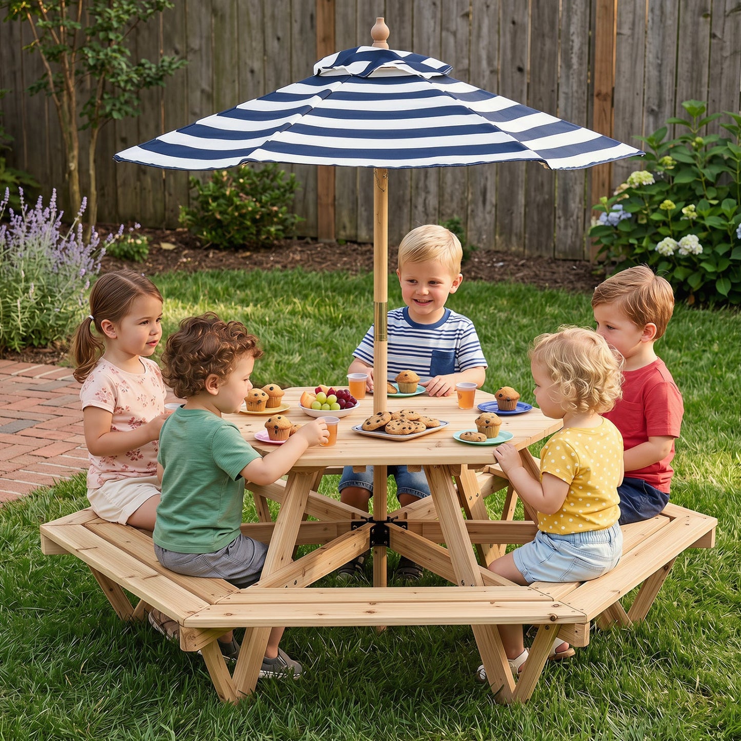 Kids Hexagonal Picnic Table With Umbrella Benches