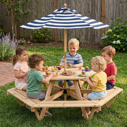 Kids Hexagonal Picnic Table With Umbrella Benches