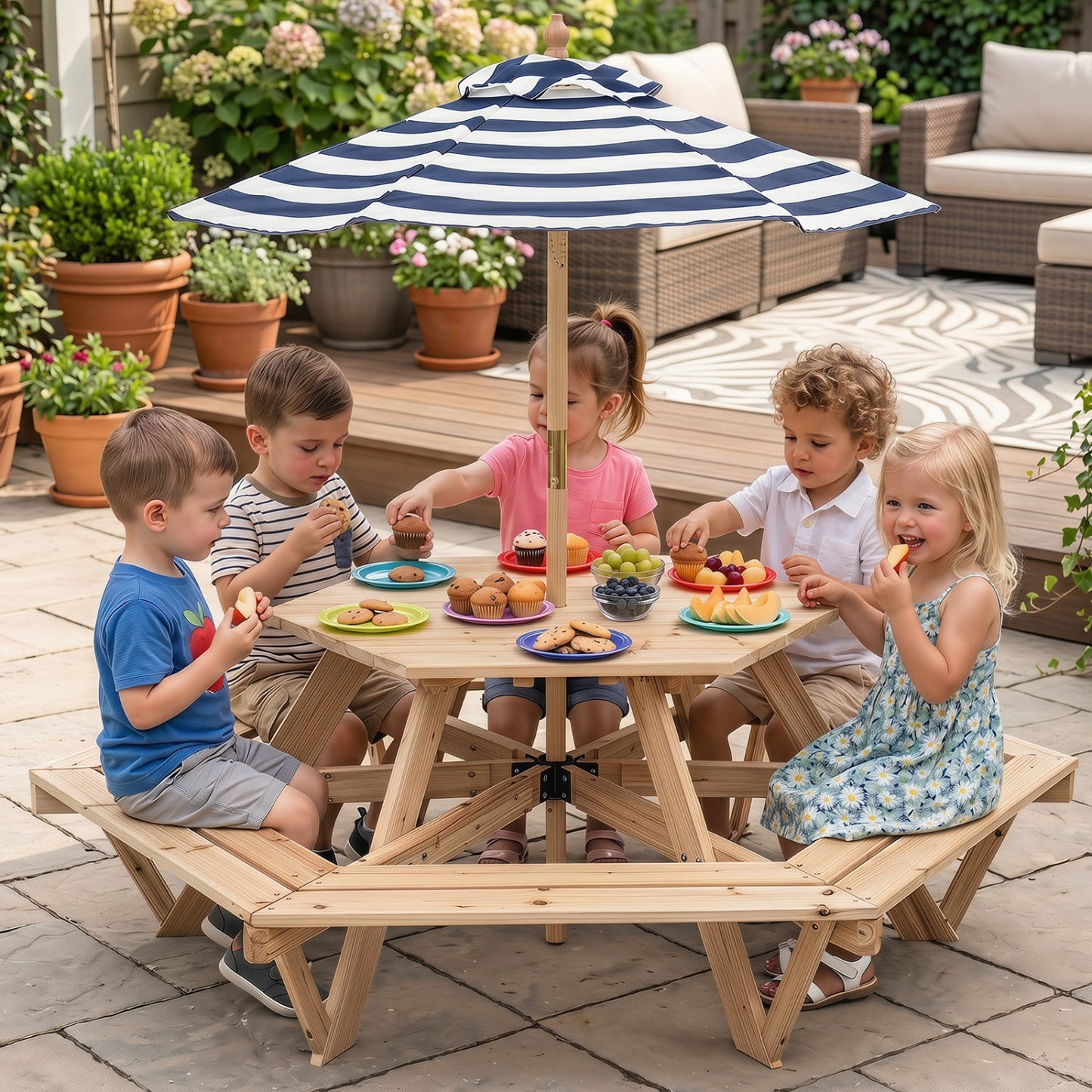 Kids Hexagonal Picnic Table With Umbrella Benches