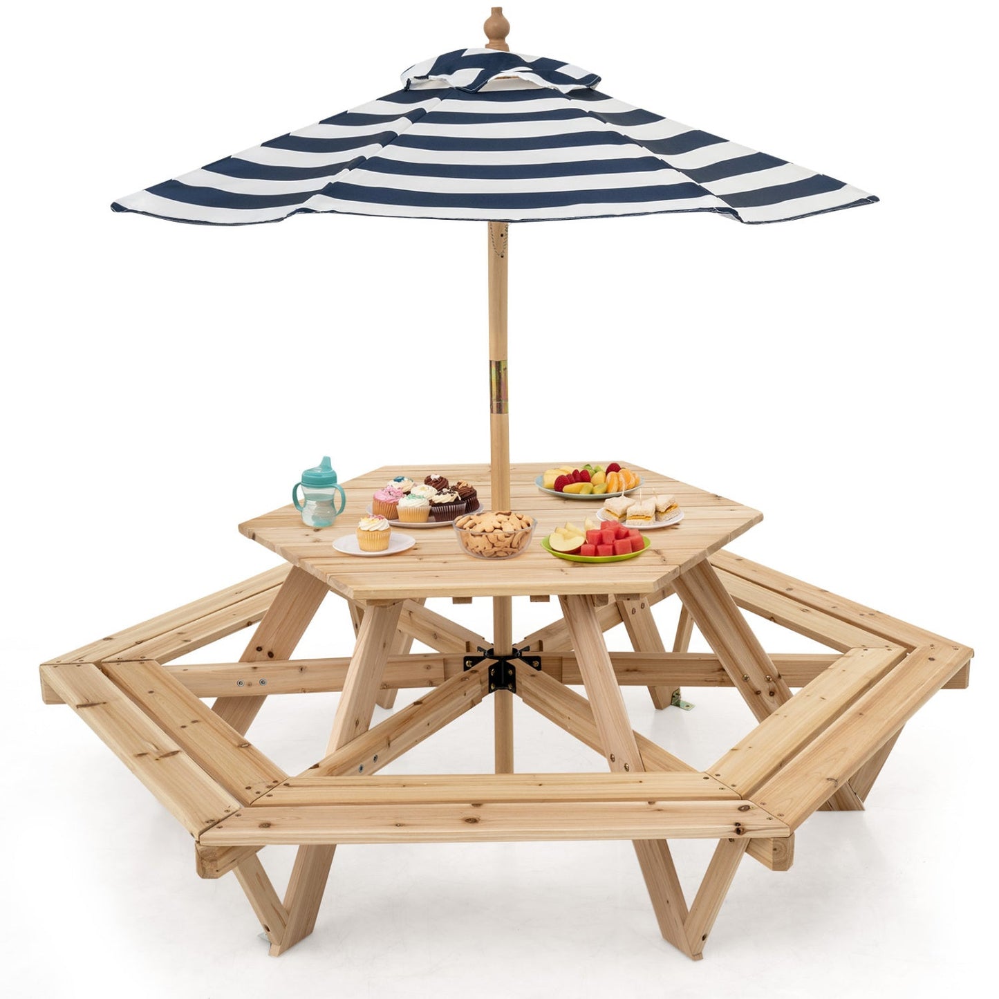 Kids Hexagonal Picnic Table With Umbrella Benches