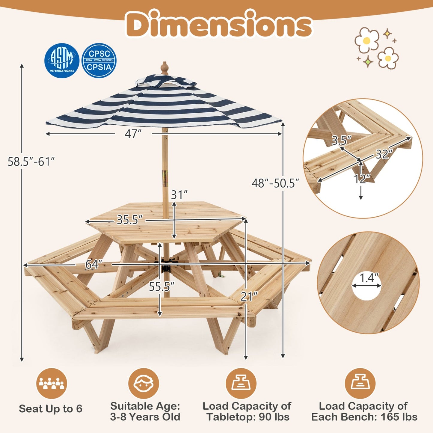 Kids Hexagonal Picnic Table With Umbrella Benches