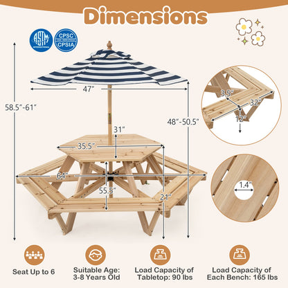 Kids Hexagonal Picnic Table With Umbrella Benches