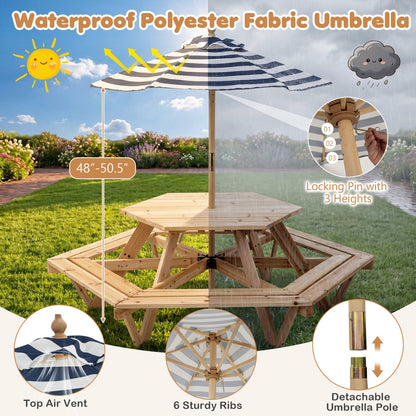 Kids Hexagonal Picnic Table With Umbrella Benches