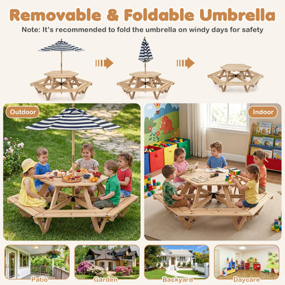 Kids Hexagonal Picnic Table With Umbrella Benches