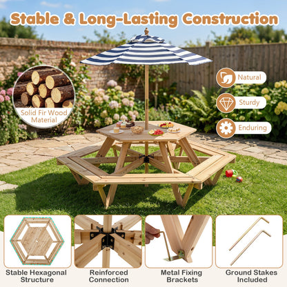 Kids Hexagonal Picnic Table With Umbrella Benches