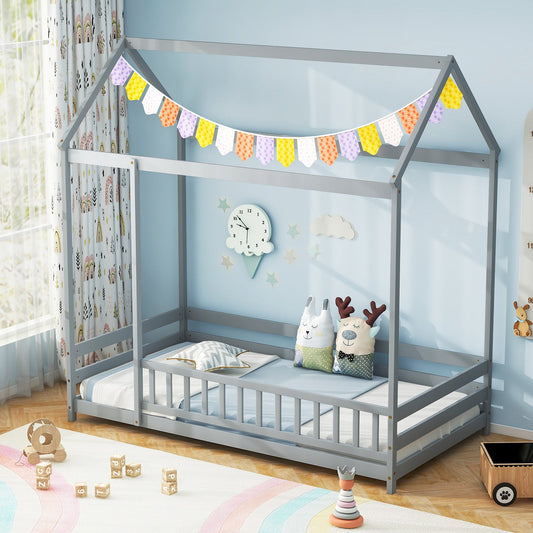Twin Size Kids House Bed Wooden Floor Bed with Roof and Full-length Safety Guardrail - Tampa Home & Garden Store