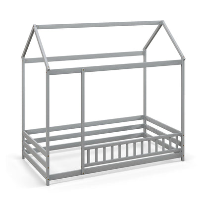Twin Size Kids House Bed Wooden Floor Bed with Roof and Full-length Safety Guardrail