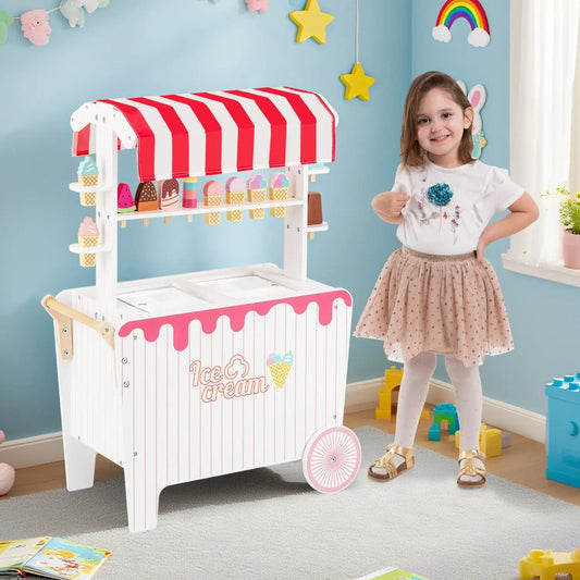 Ice cream cart playset by DirectDeals white cart with pink trim red striped canopy cone display on Tampa Home & Garden Store