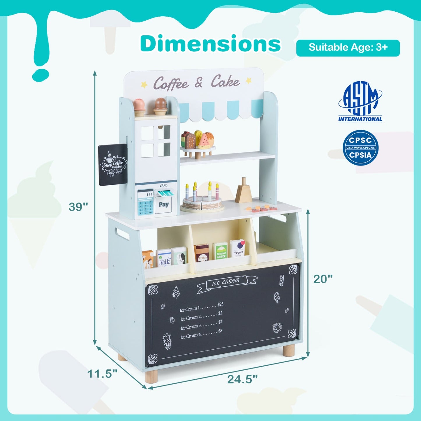 Kids Ice Cream Shop Playset With 27 Accessories