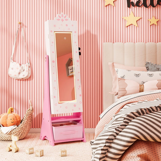 Kids Jewelry Armoire Freestanding Jewelry Cabinet with 3-Color Lighted Full Length Mirror
