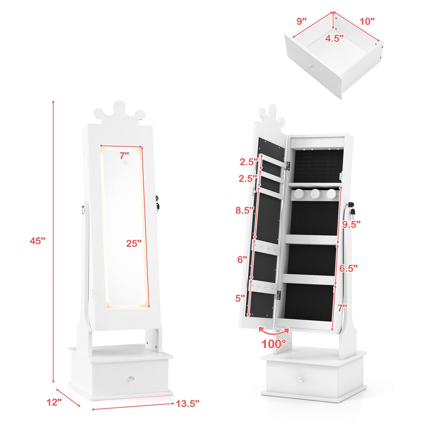 Kids Jewelry Armoire with 3-Color Lighted Full Length Mirror and Inside Led Lights