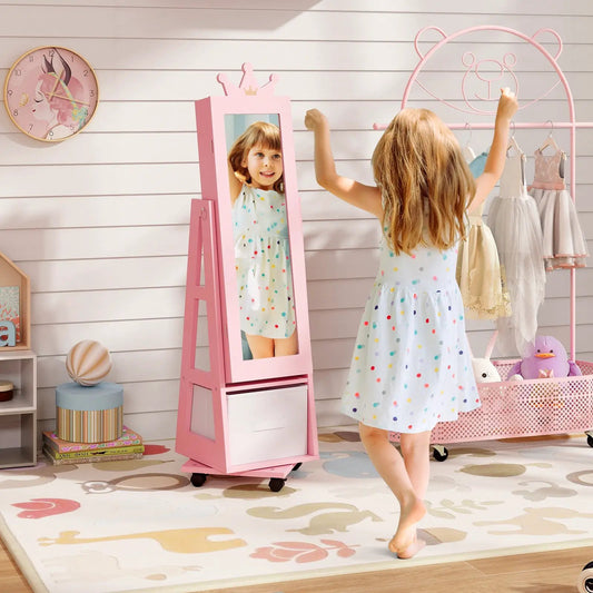 Pink kids jewelry armoire on wheels with swiveling mirror and crown topper on Tampa Home & Garden Store