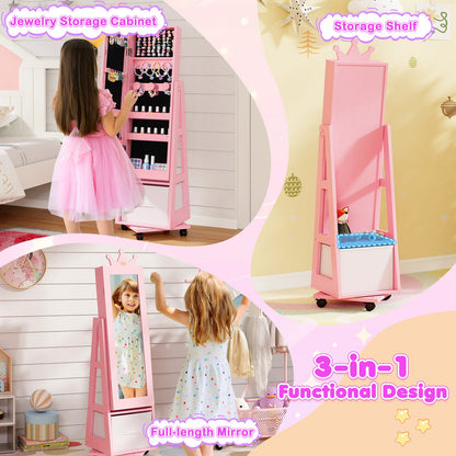 Kids Jewelry Armoire Cabinet with Swivel Base and Lockable Universal Wheels