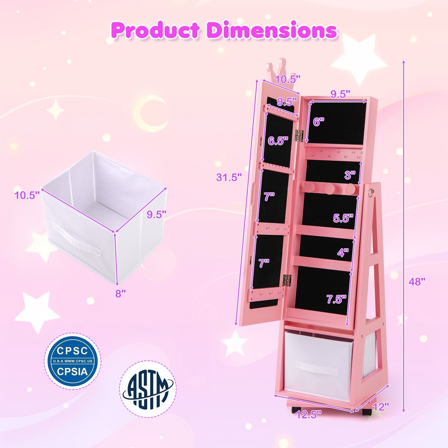 Kids Jewelry Armoire Cabinet with Swivel Base and Lockable Universal Wheels