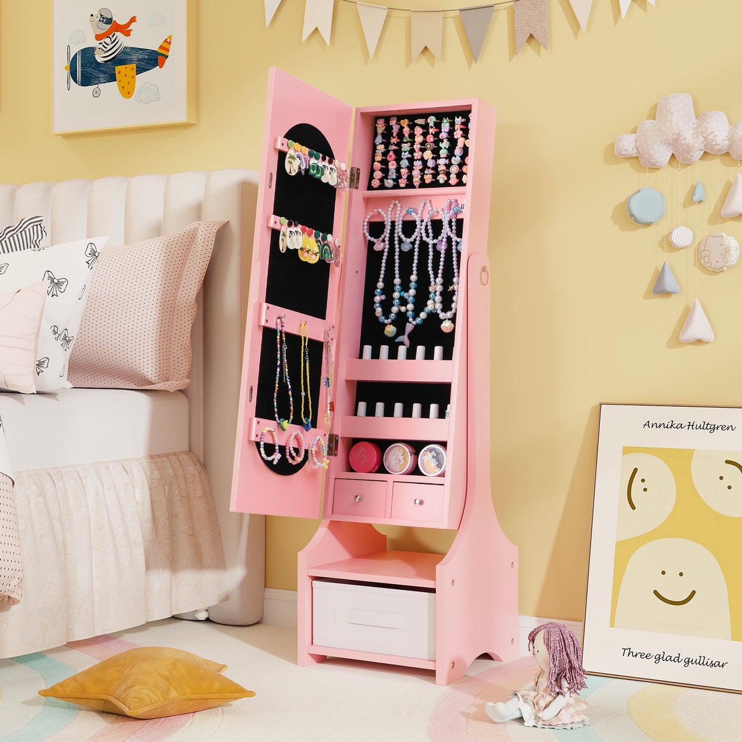 Freestanding Kids Jewelry Armoire Cabinet with Storage and 2 Tilt Angles - Tampa Home & Garden Store