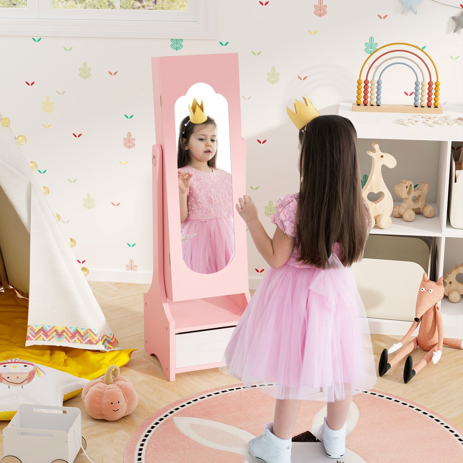 Freestanding Kids Jewelry Armoire Cabinet with Storage and 2 Tilt Angles - Tampa Home & Garden Store