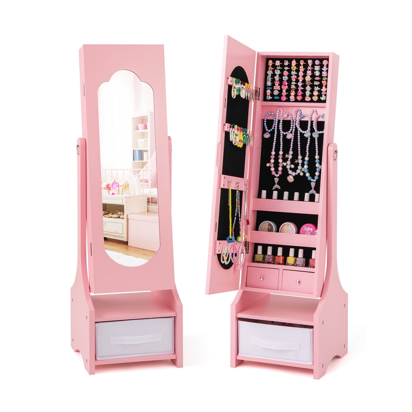 Freestanding Kids Jewelry Armoire Cabinet with Storage and 2 Tilt Angles - Tampa Home & Garden Store
