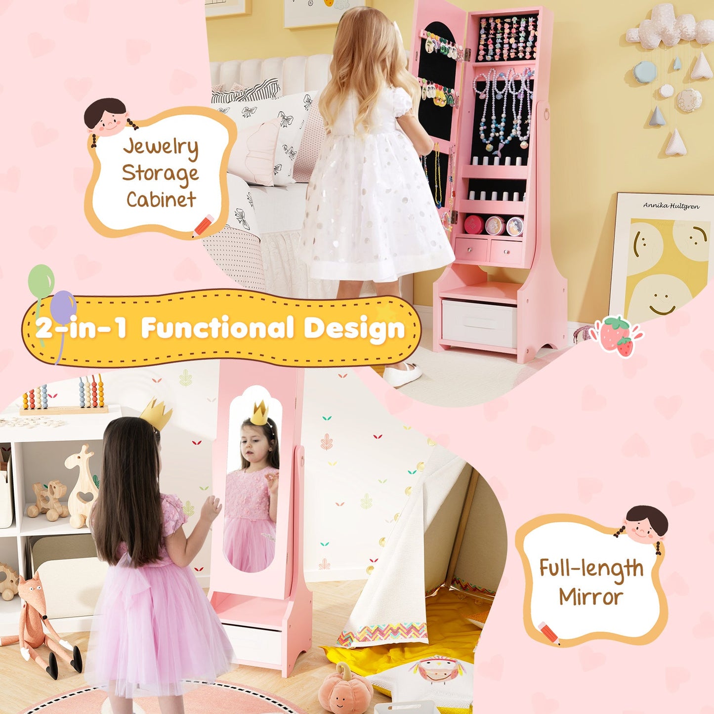 Freestanding Kids Jewelry Armoire Cabinet with Storage and 2 Tilt Angles - Tampa Home & Garden Store
