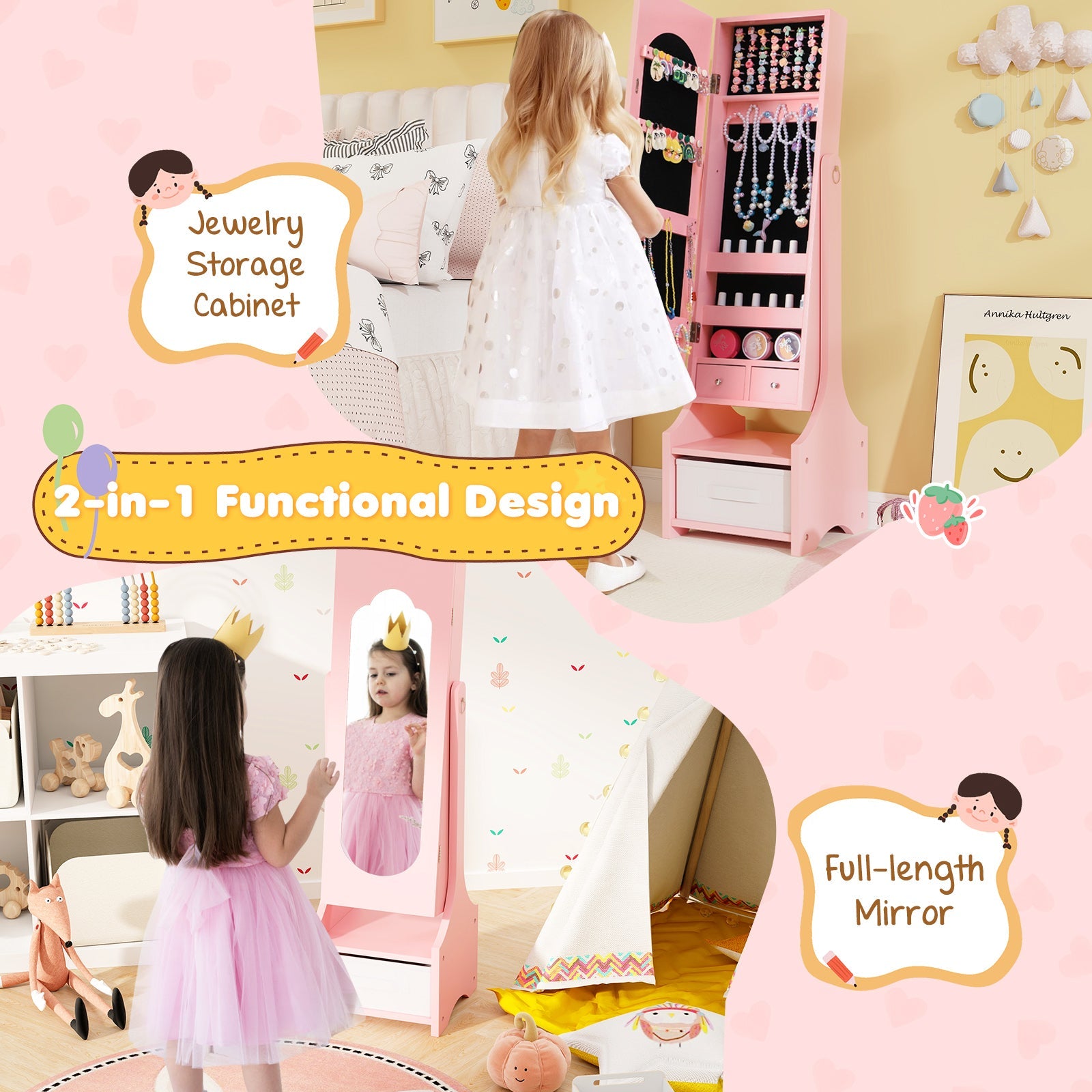 Freestanding Kids Jewelry Armoire Cabinet with Storage and 2 Tilt Angles - Tampa Home & Garden Store