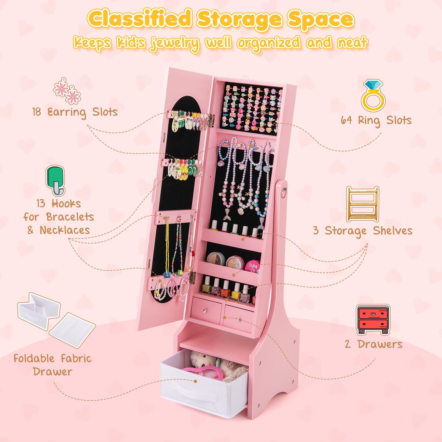 Freestanding Kids Jewelry Armoire Cabinet with Storage and 2 Tilt Angles - Tampa Home & Garden Store