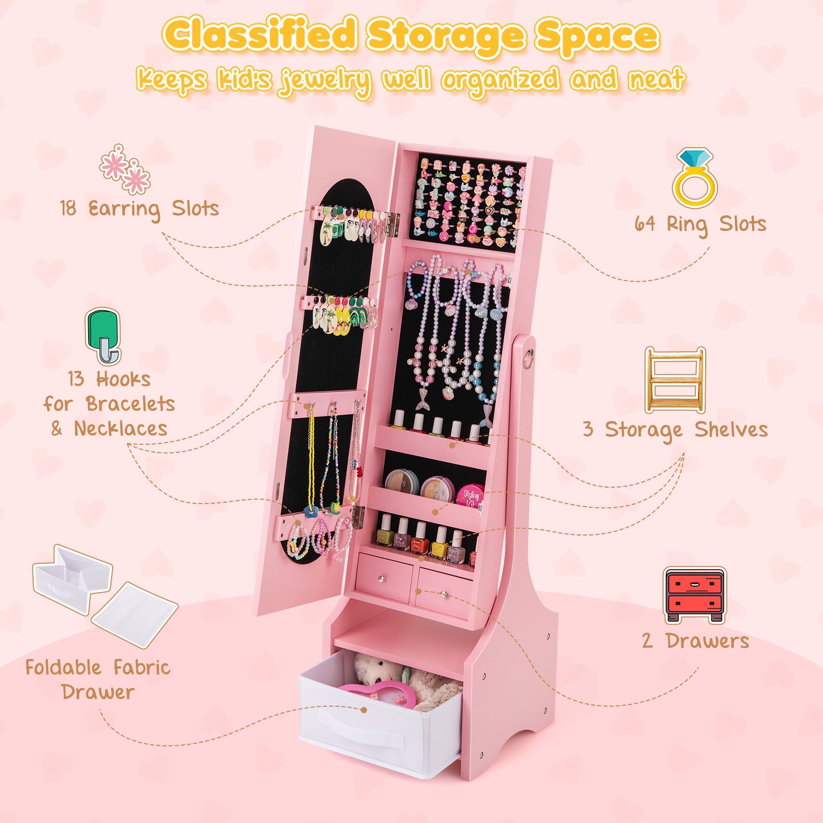 Freestanding Kids Jewelry Armoire Cabinet with Storage and 2 Tilt Angles - Tampa Home & Garden Store