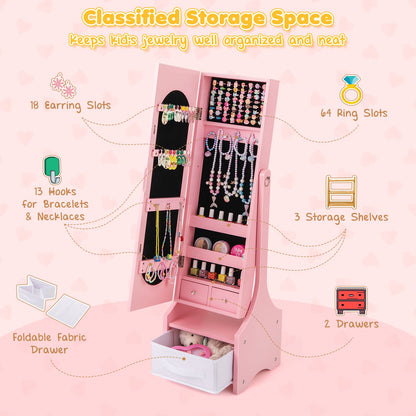 Freestanding Kids Jewelry Armoire Cabinet with Storage and 2 Tilt Angles - Tampa Home & Garden Store