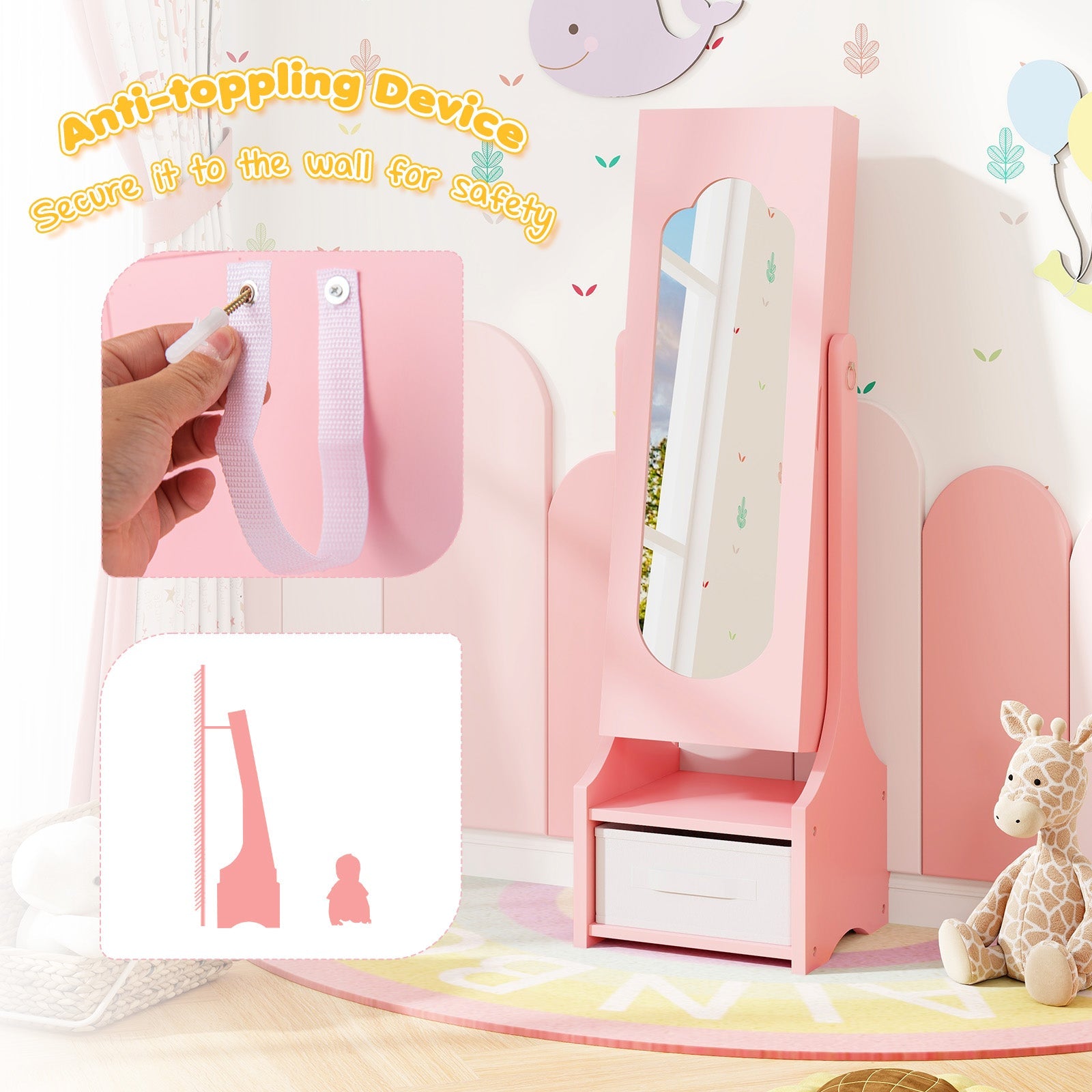 Freestanding Kids Jewelry Armoire Cabinet with Storage and 2 Tilt Angles - Tampa Home & Garden Store