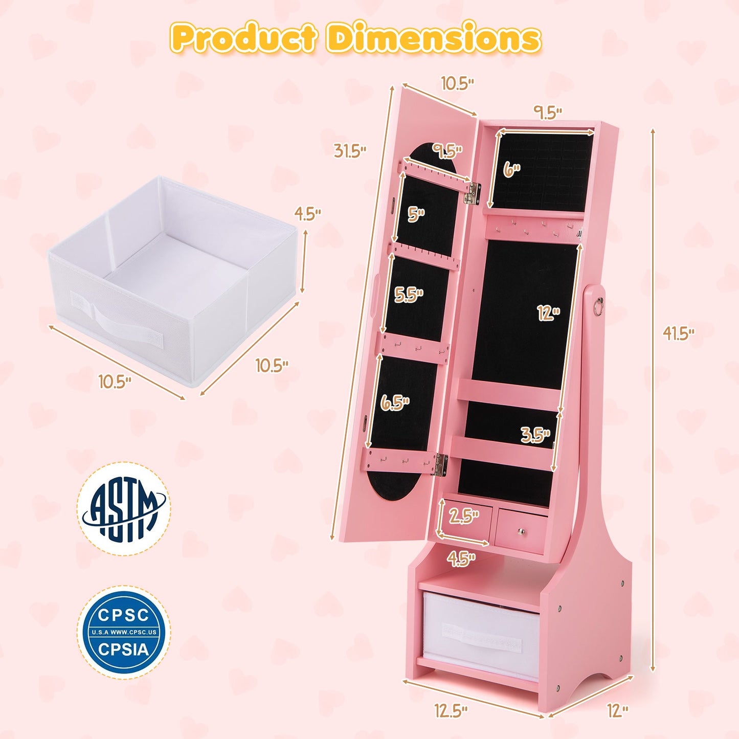 Freestanding Kids Jewelry Armoire Cabinet with Storage and 2 Tilt Angles - Tampa Home & Garden Store