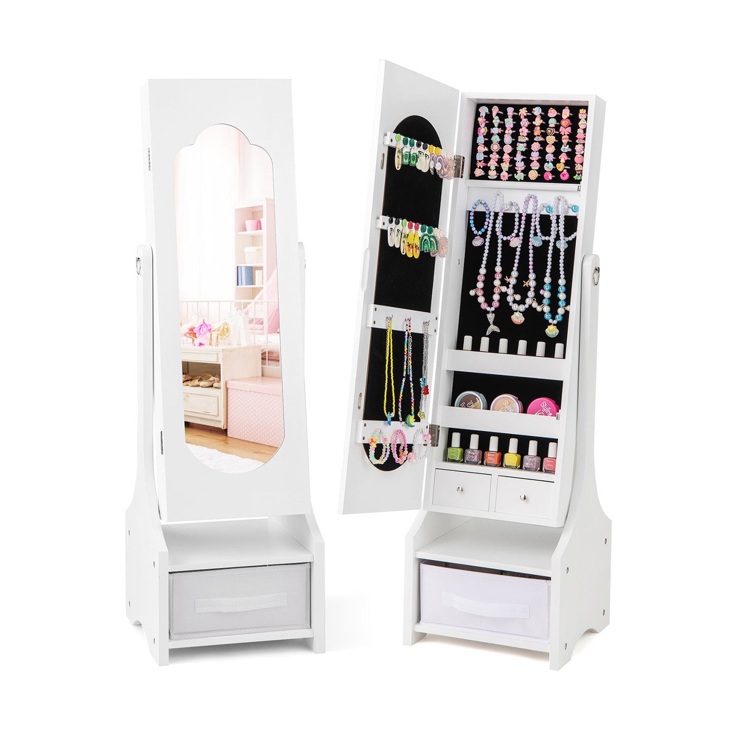 Freestanding Kids Jewelry Armoire Cabinet with Storage and 2 Tilt Angles - Tampa Home & Garden Store