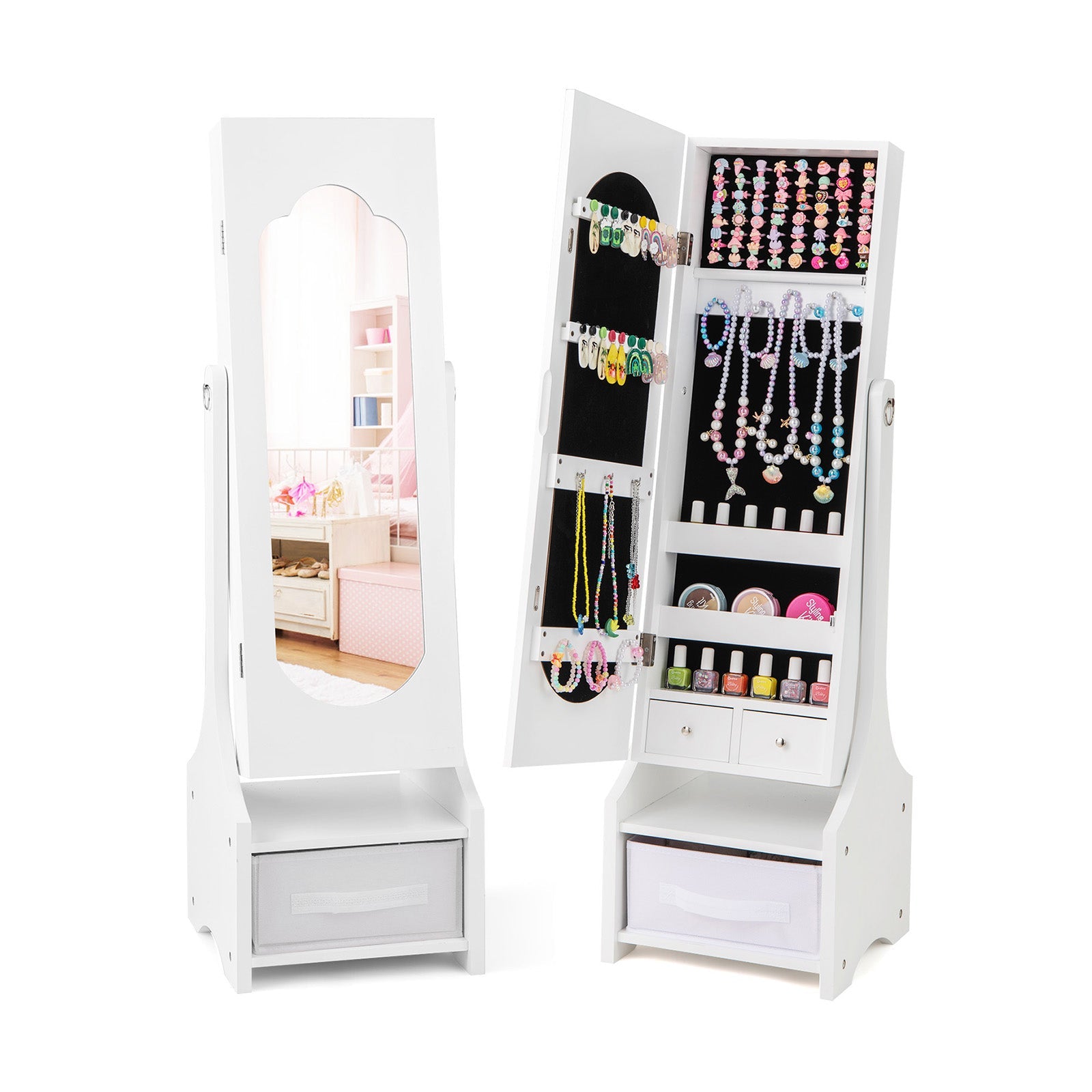 Freestanding Kids Jewelry Armoire Cabinet with Storage and 2 Tilt Angles - Tampa Home & Garden Store